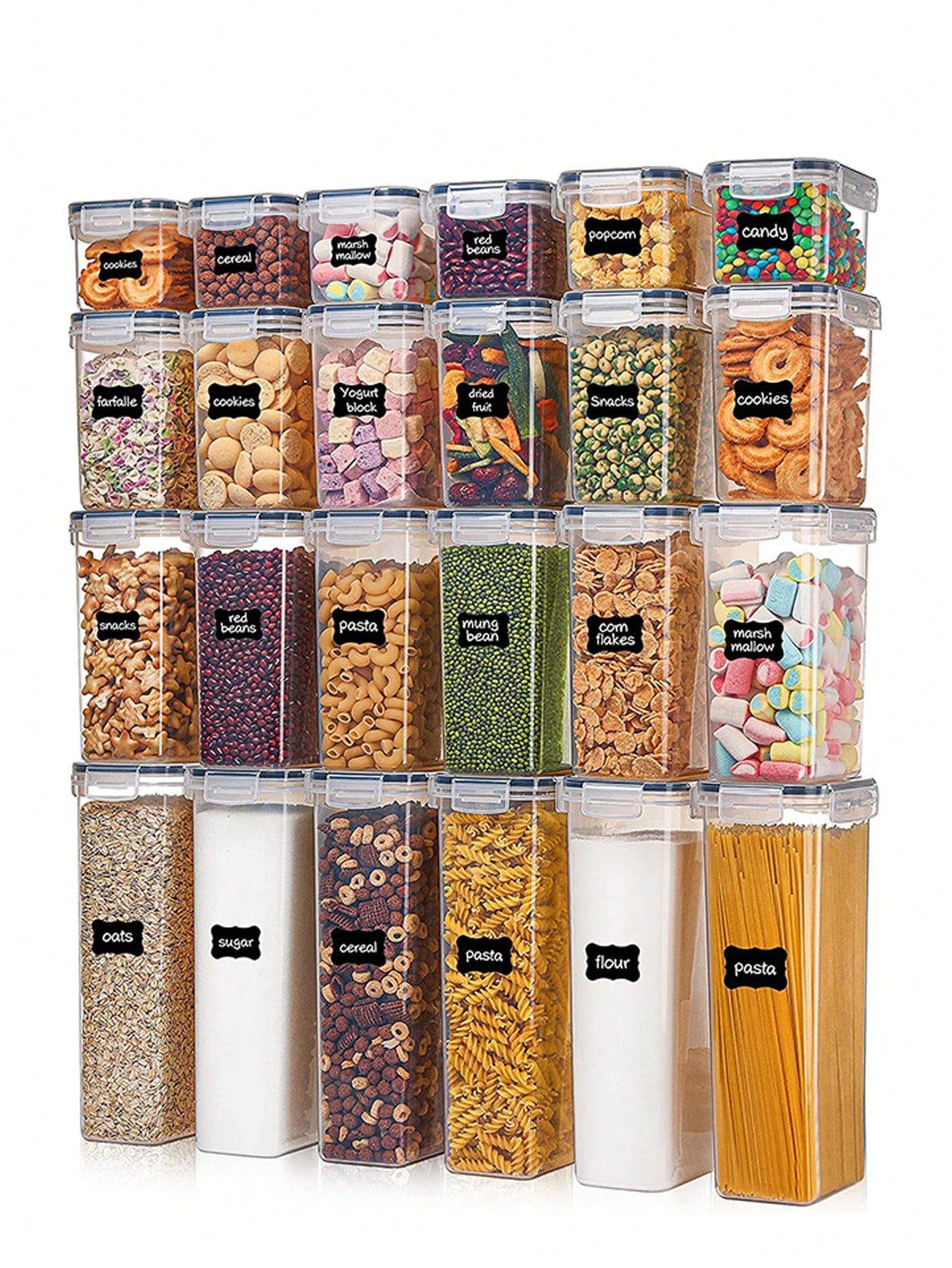 Food Storage Organization - 48個の気密食品保存容器、簡単ロック蓋付きの無料プラスチック製スパゲッティ容器、キッチンパントリーの整理と保管用、ラベル付き、家の装飾、パーティーの保管、クリスマスの保管、新年の保管に最適