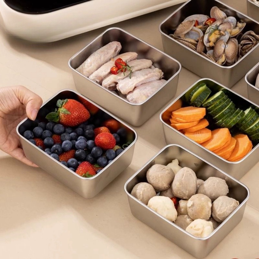Food Storage Prep Containers - 1-2-3個入り 長方形 ステンレス製 食品保存容器 冷蔵庫オーガナイザー キッチン下準備用収納ボックス