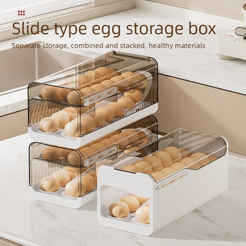 Egg Storage Holder - 冷蔵庫用自動回転式卵ディスペンサー 2段式省スペース卵ホルダーオーガナイザーボックス キッチン用透明収納ラック