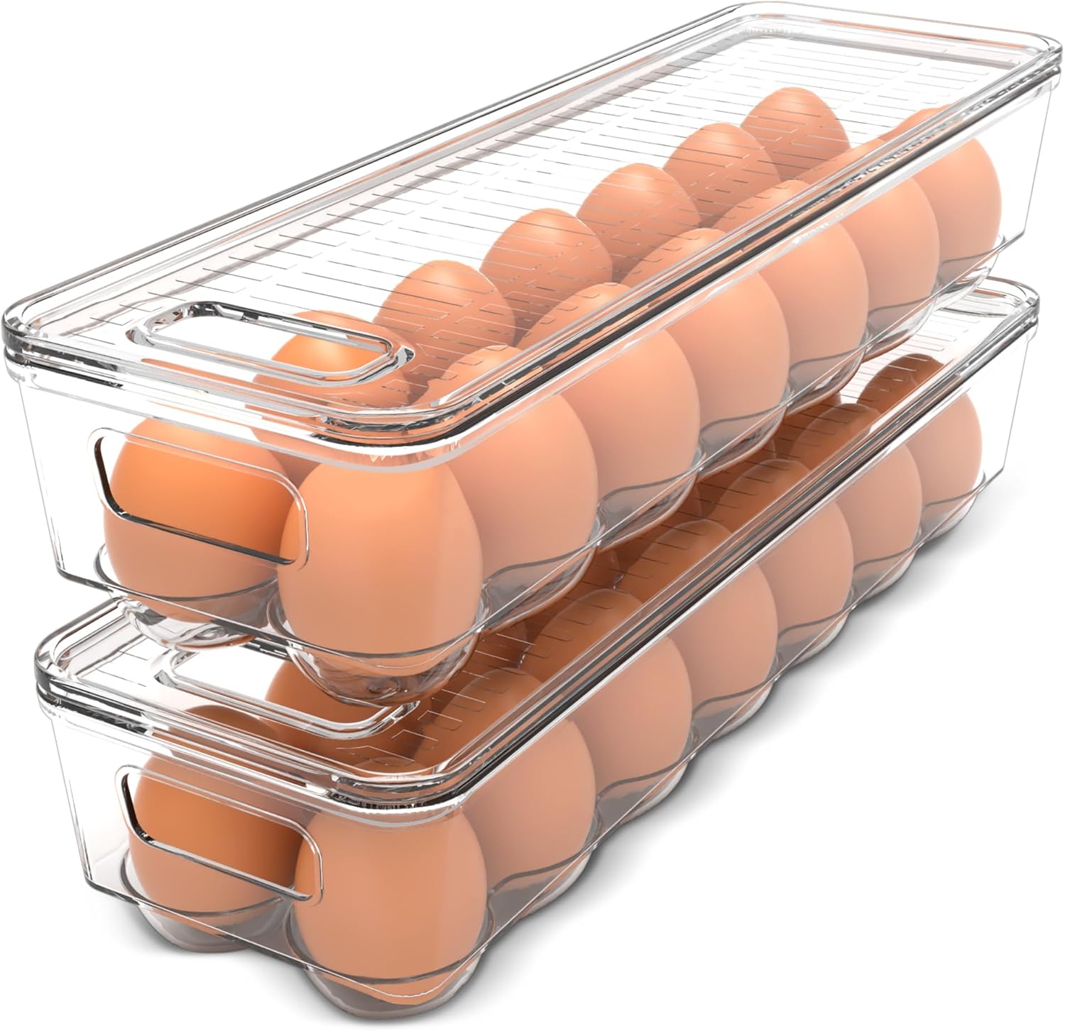 Egg Storage Holder - 冷蔵庫整理用蓋とハンドル付き卵容器 - 2個パック - キッチンやパントリー用の透明な積み重ね可能な卵ホルダー