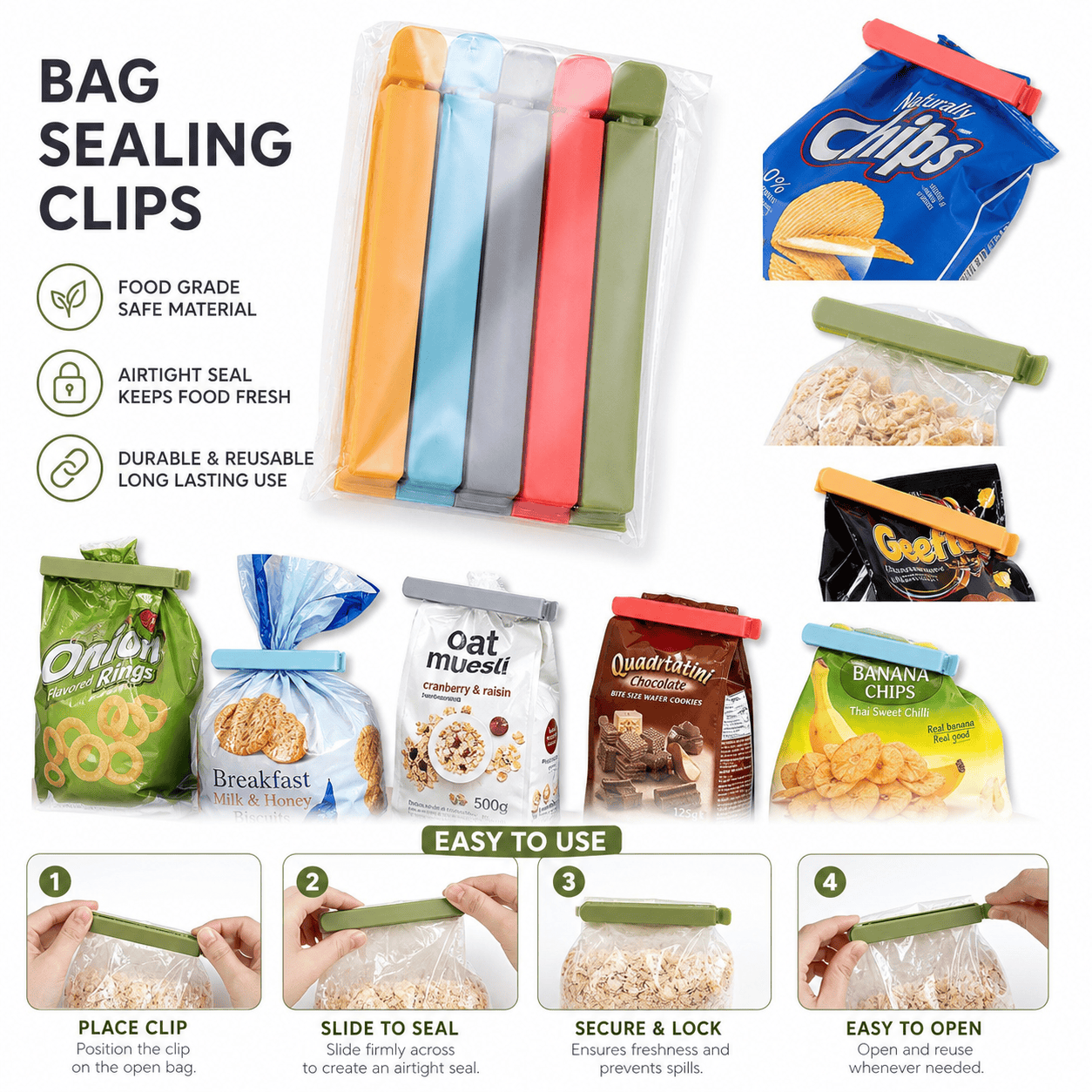 Food Storage Plastic Bag - 5個入り プラスチック製袋口シーラー、気密性のある再利用可能な食品保存シーラースティック（スナック袋用）