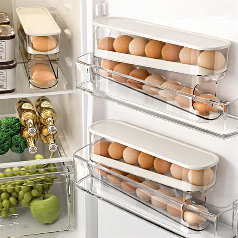 Egg Storage Holder - 自動回転式冷蔵庫用卵オーガナイザー、省スペース卵ディスペンサー、冷蔵庫収納用、家庭用卵ホルダー、1個入り