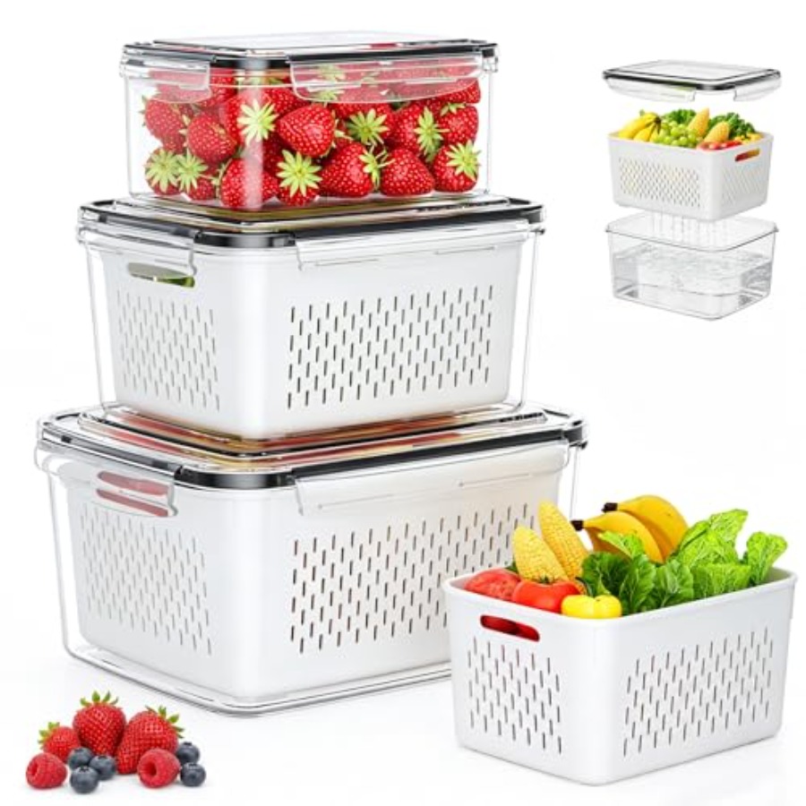 Food Storage Organization - 冷蔵庫用フルーツ保存容器 - 取り外し可能な水切り付き3パックの食品保存容器、漏れ防止食品整理容器