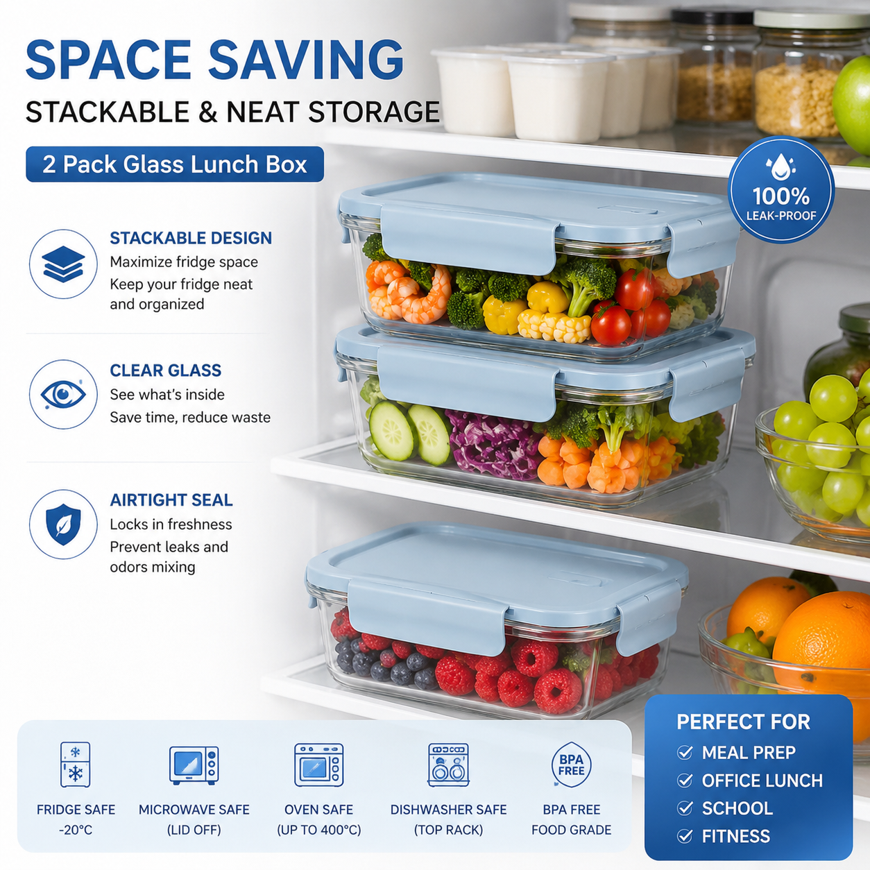 Food Storage Prep Containers - 2個セット ガラス製ミールプレップ容器 BPAフリー 気密ランチボックス スタッカブル食品保存容器 フィットネス