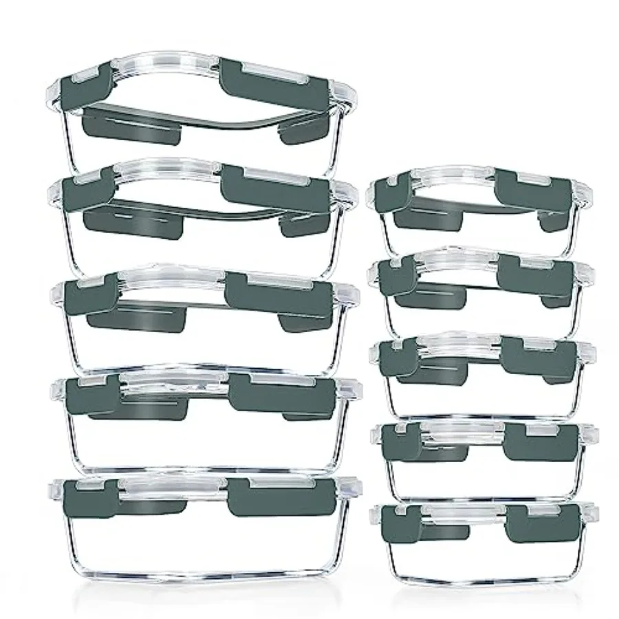 Food Storage Prep Containers - 10個入りガラス製ミールプレップ容器、気密ガラス製ランチ容器、積み重ね可能なガラス製食品保存容器セット（蓋付き）、BPAフリー