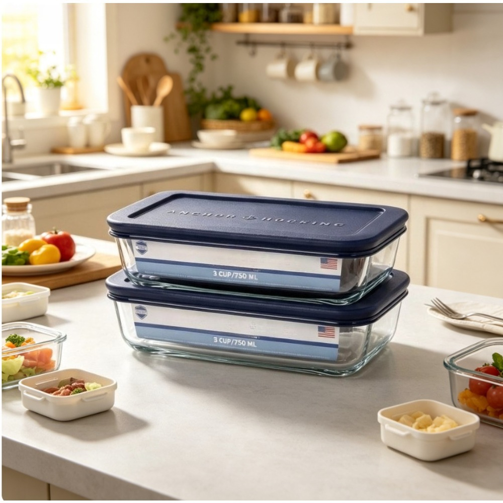 Food Storage Plastic Container - 蓋付きガラス製食品保存容器、3カップ長方形、2個セット