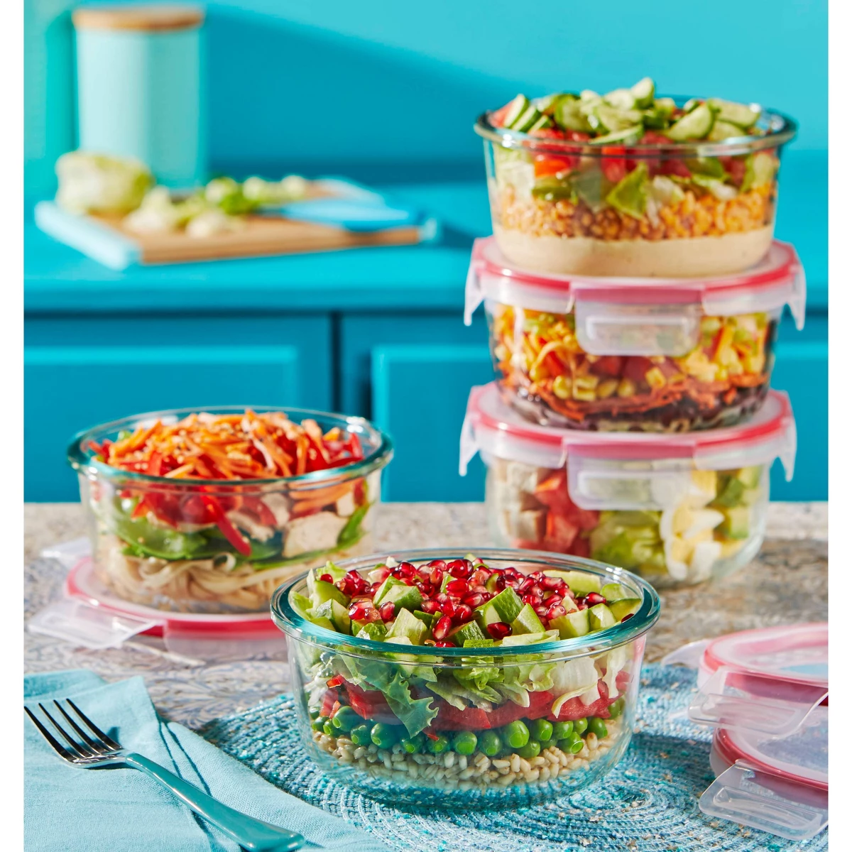 Food Storage Glass Round - 4カップ丸型食品保存容器：蓋付きガラス容器、オーブン＆電子レンジ対応、クリア/レッド