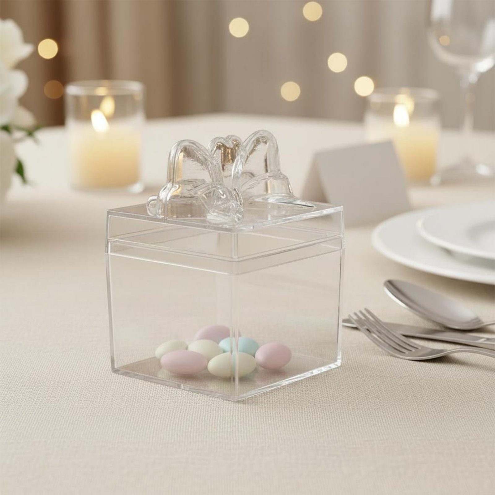 Food Storage Box Plastic - 透明プラスチック製キャンディボックス、リボン付き多目的透明キャンディボックス、ミニキューブ容器、食品グレード、小物収納
