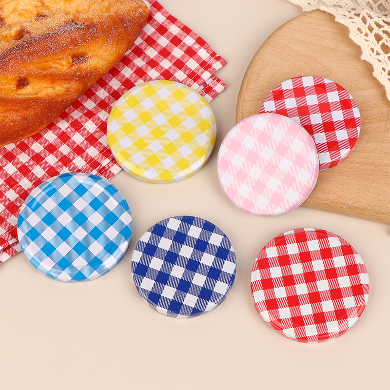 Food Storage Glass Round - カラフルな格子ガラスジャムジャー、広い口、ネジ蓋、収納キャップ、丸い収納カバー、10個
