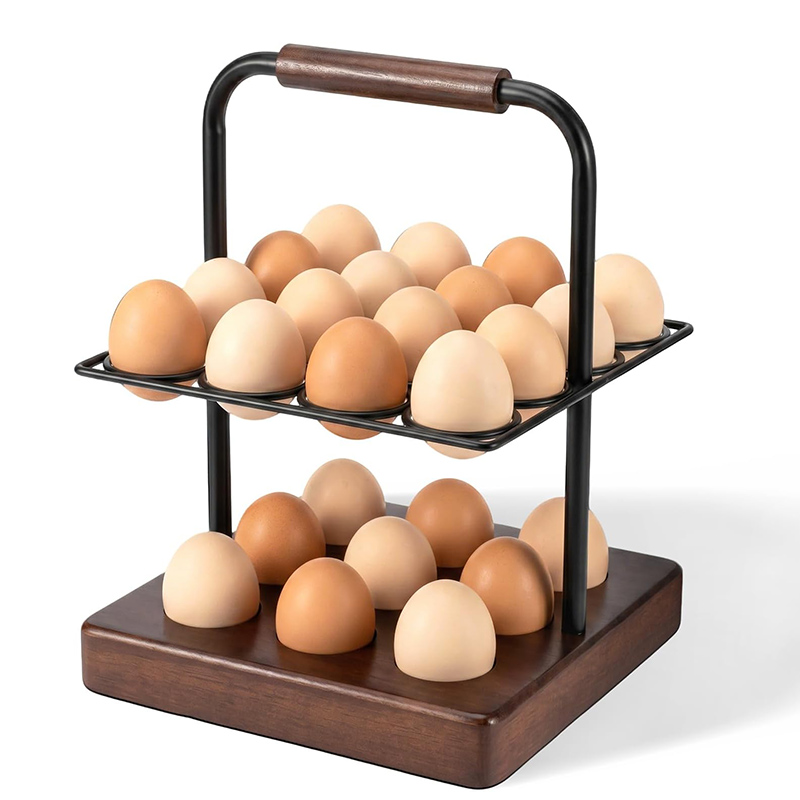 Egg Storage Holder - ファームハウス風カウンター用卵ホルダー、2段卵オーガナイザー、木製ベース＆マットブラックメタルラック、木製ハンドル付き収納ディスプレイ
