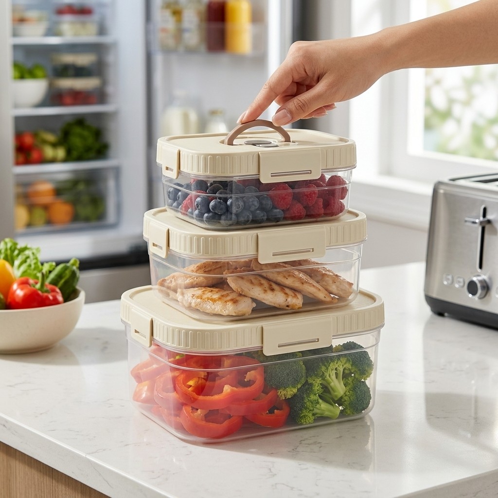 Food Storage Box Plastic - 積み重ね可能な食品保存容器 ハンドル付き 密閉漏れ防止 透明プラスチック製 鮮度保持ボックス 冷蔵庫保存ボックス