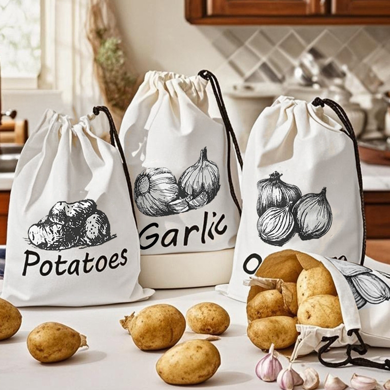 Food Storage Zipper Bags - ポテト・玉ねぎ・ニンニク柄収納バッグ 丈夫なキッチン野菜収納ポーチ 巾着式食品保存袋（ジッパー付き）