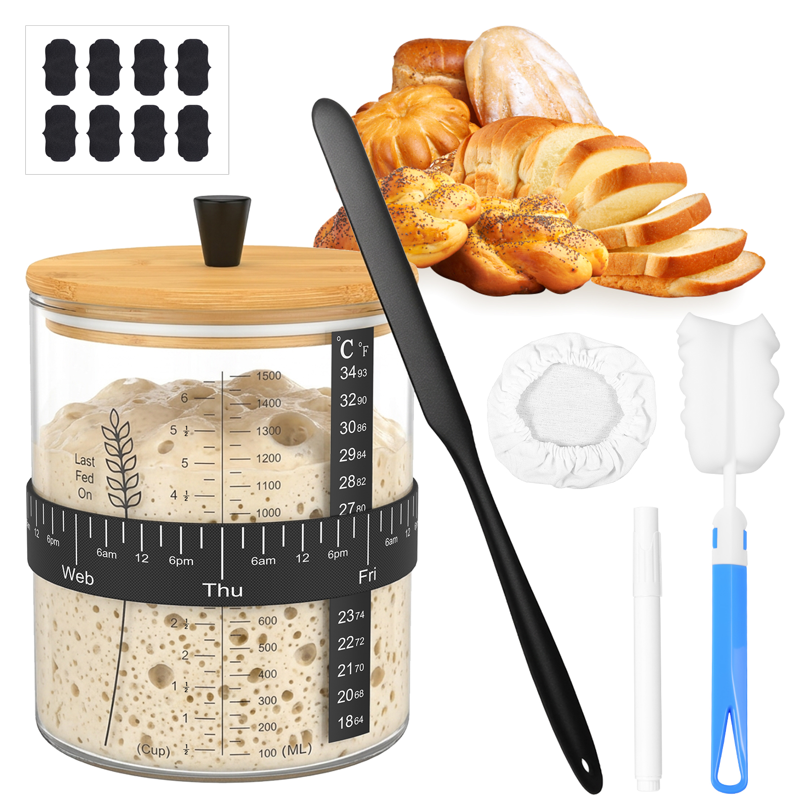 Food Storage Jar Glass - 1500/900ml サワードウスタータージャーセット 透明ガラス製 耐熱サワードウスターター容器 ベーキング発酵ジャー 食品保存容器