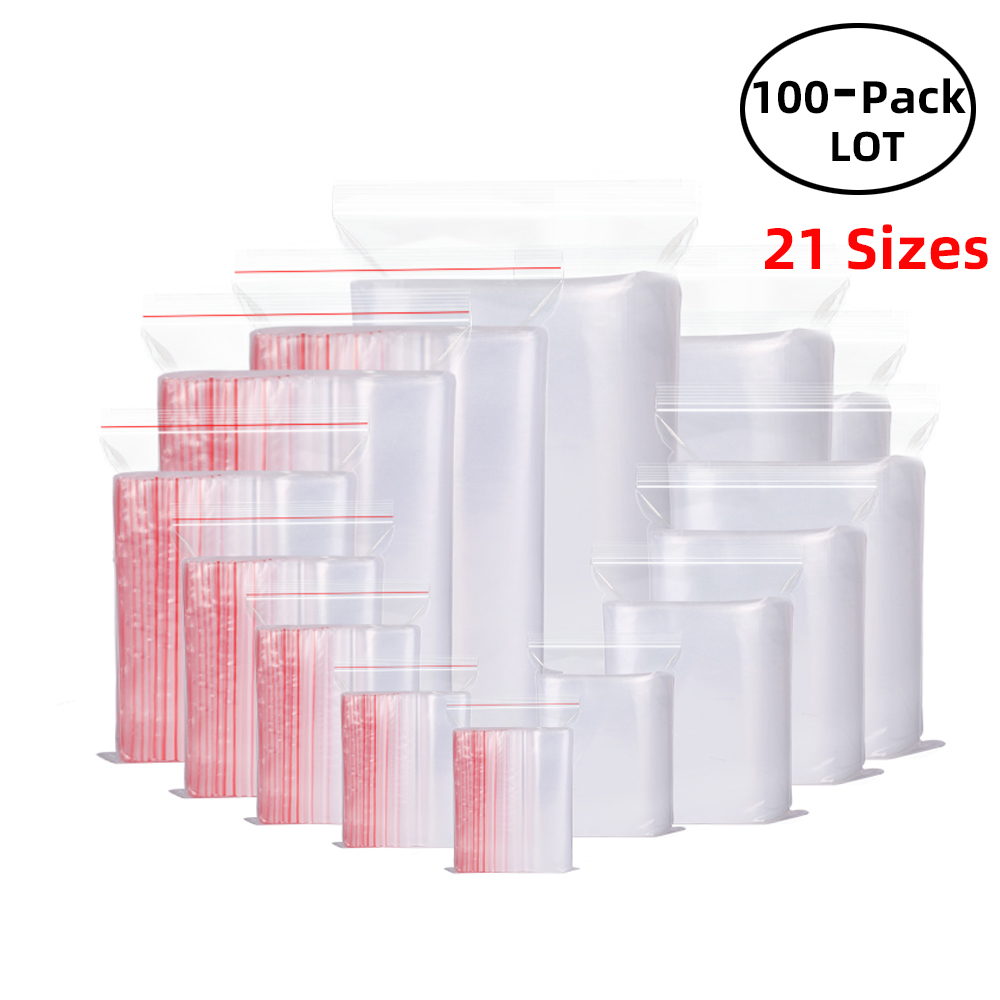 Food Storage Zipper Bags - 100 ピース/パック再密封可能なジップロックバッグセルフシール透明なプラスチックポリ袋食品保存パッケージ再閉鎖可能な真空新鮮な整理袋