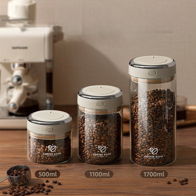 Food Storage Jar Glass - 500/1100/1700mlコーヒー豆真空密閉タンクCO2バルブ付きガラス食品保存瓶防湿気密容器