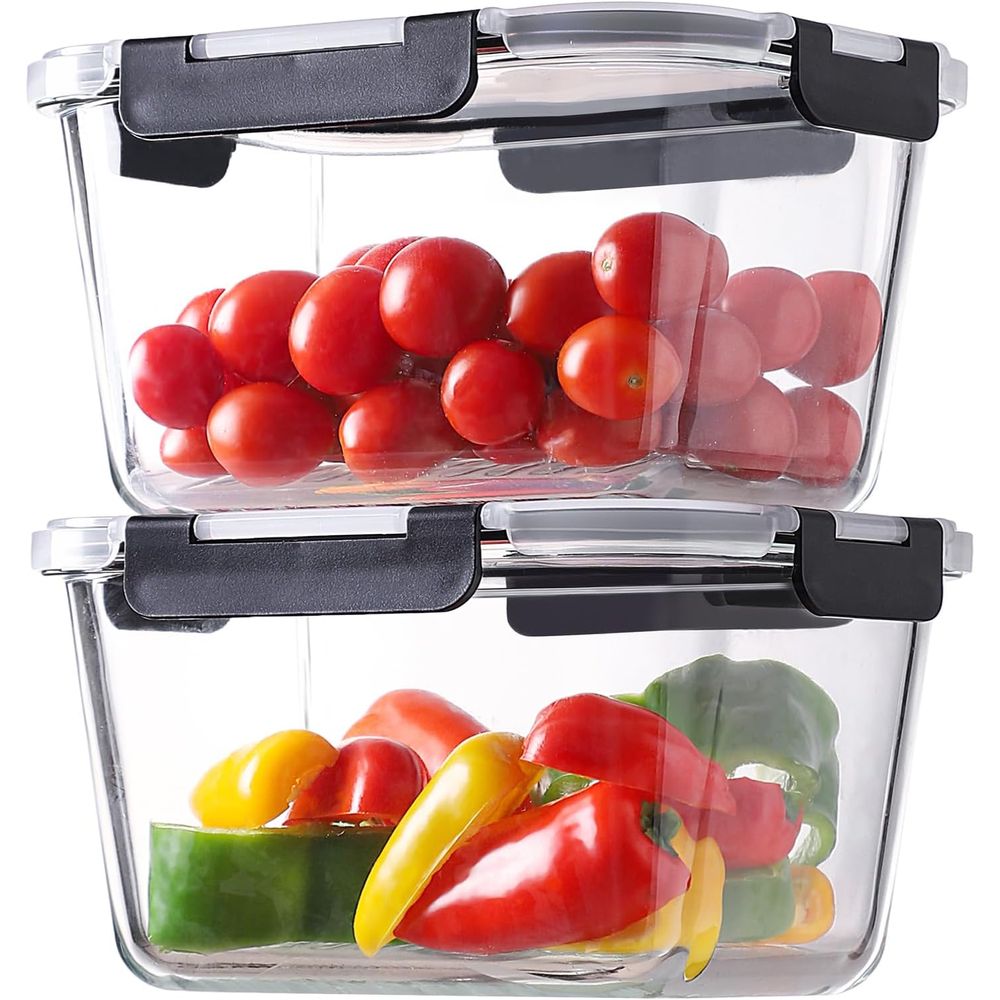 Food Storage Prep Containers - 4個セット 63オンス ガラス製食品保存容器 蓋付き、食事準備用、気密、漏れ防止、電子レンジ・オーブン対応