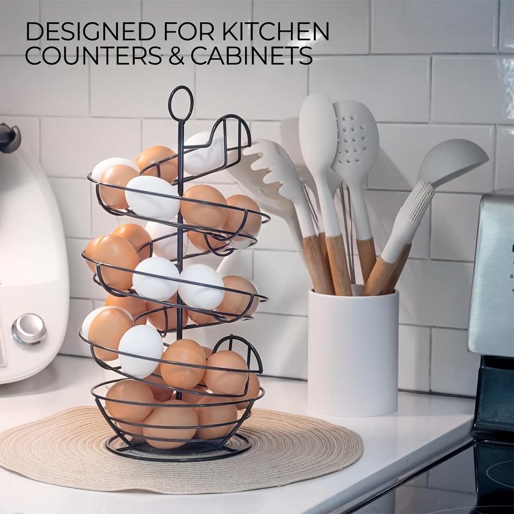 Egg Storage Holder - 金属製ワイヤー製スパイラルエッグホルダー、カウンター用エッグ収納ラック（バスケット付き）、キッチン整理用大容量エッグディスペンサー