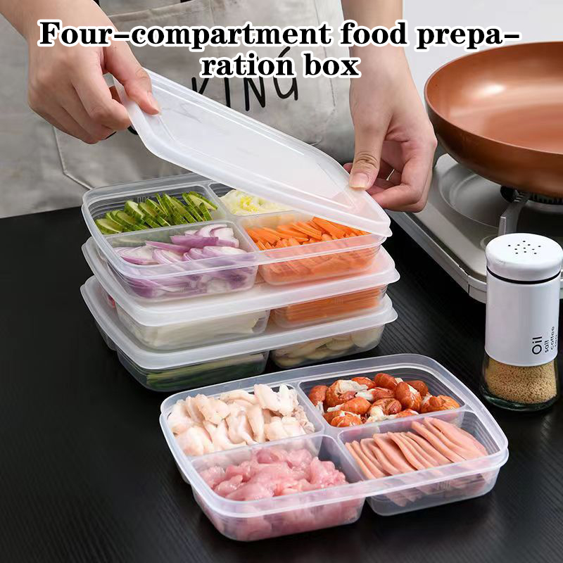 Food Storage Box Plastic - 新しい【4グリッドプラスチック収納ボックスポータブルコンパートメント冷蔵庫冷凍庫オーガナイザー透明食品果物小分けボックス】