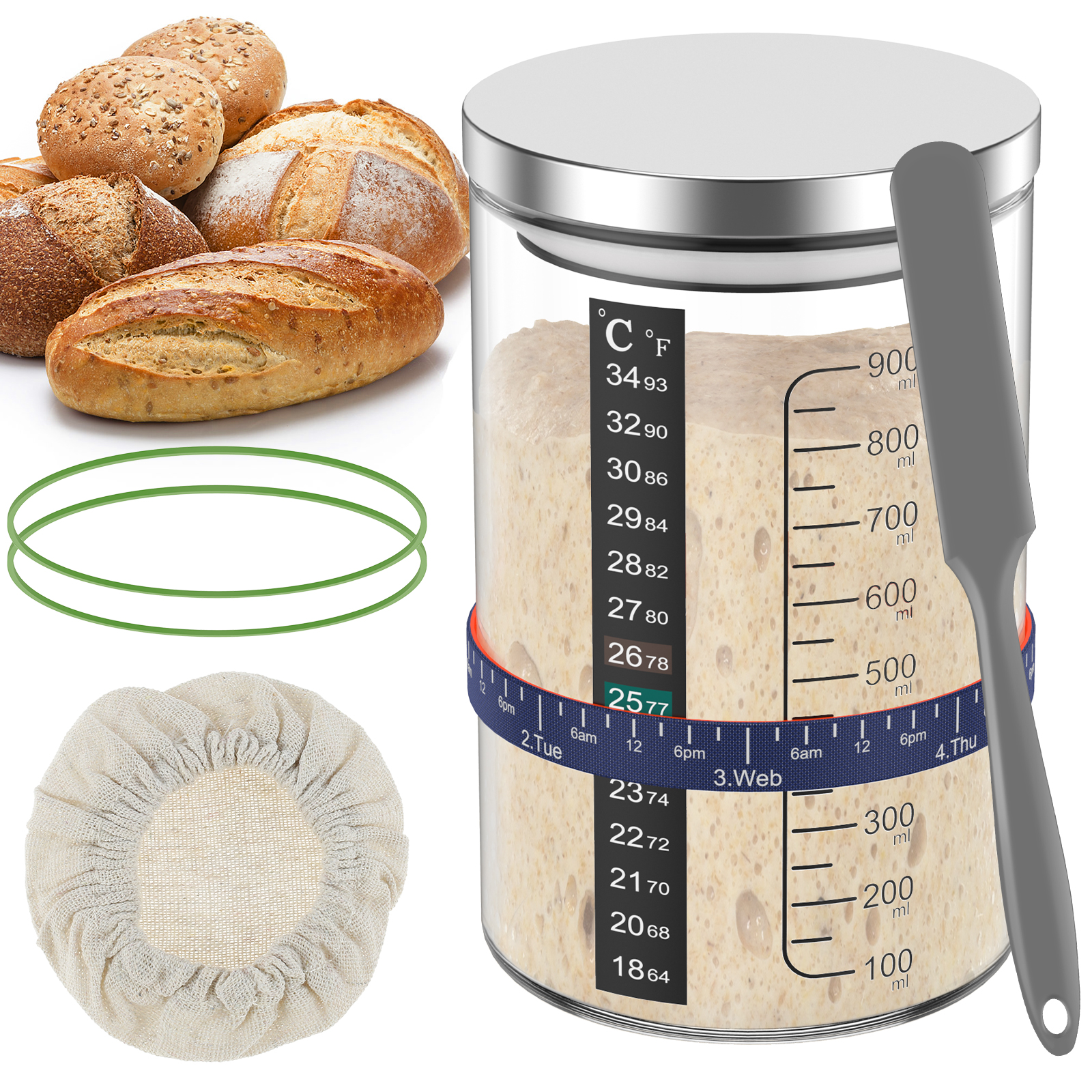 Food Storage Jar Glass - サワードウスタータージャーキット 900ml 生地発酵容器 広口透明ガラスジャー キッチンベーキング食品保存タンク