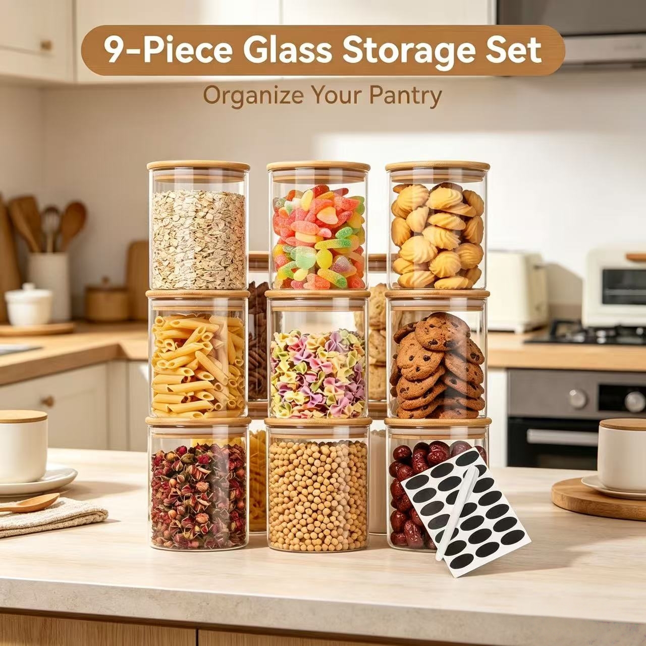 Food Storage Jar Glass - 9個の透明ガラス保存容器、竹製の気密蓋付き、積み重ね可能な乾物用ジャー、ラベル付き、パスタ、シリアル、スパイス、クッキー用のキッチンパントリーオーガナイザーコンテナ