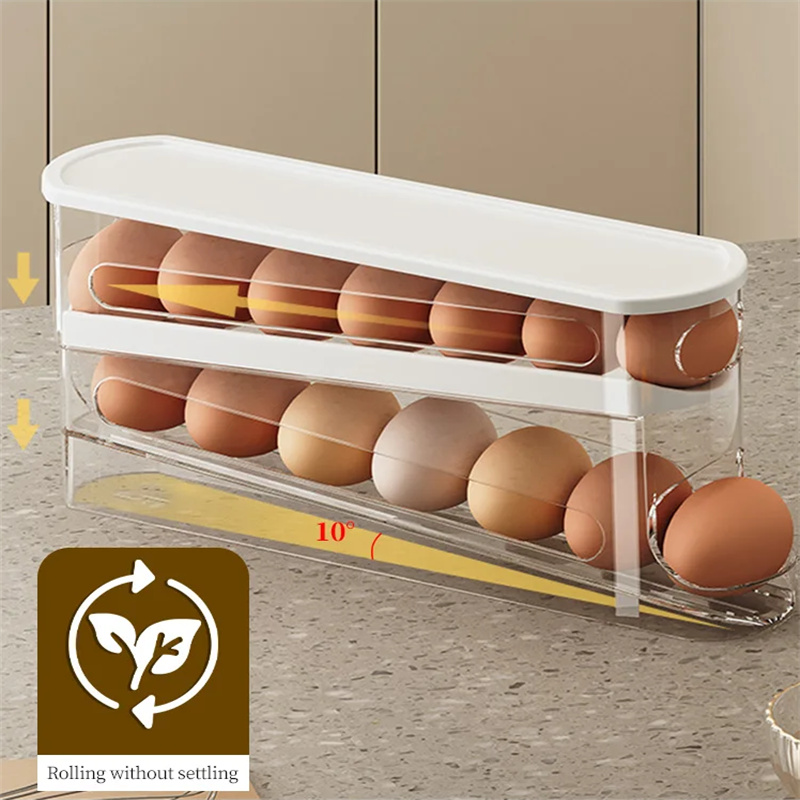 Egg Storage Holder - スライド式卵カートン ダブル自動卵ローラー 冷蔵庫サイドドア卵収納 キッチンカウンター卵ホルダー