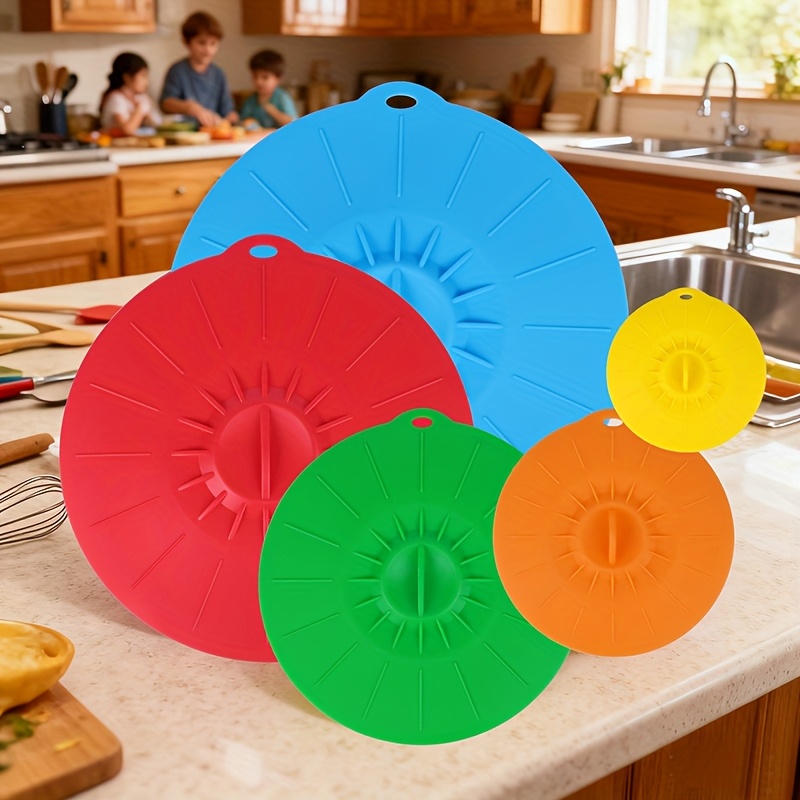 Food Storage Silicone - 5ピースシリコン蓋、耐熱電子レンジ用防滴蓋、シリコン鍋蓋、カップ蓋、食品保存用再利用可能なシリコン吸着蓋、ボウル、カップ、フライパン、プレート、鍋、スキレット、ストーブ、オーブン、冷蔵庫に適しています。