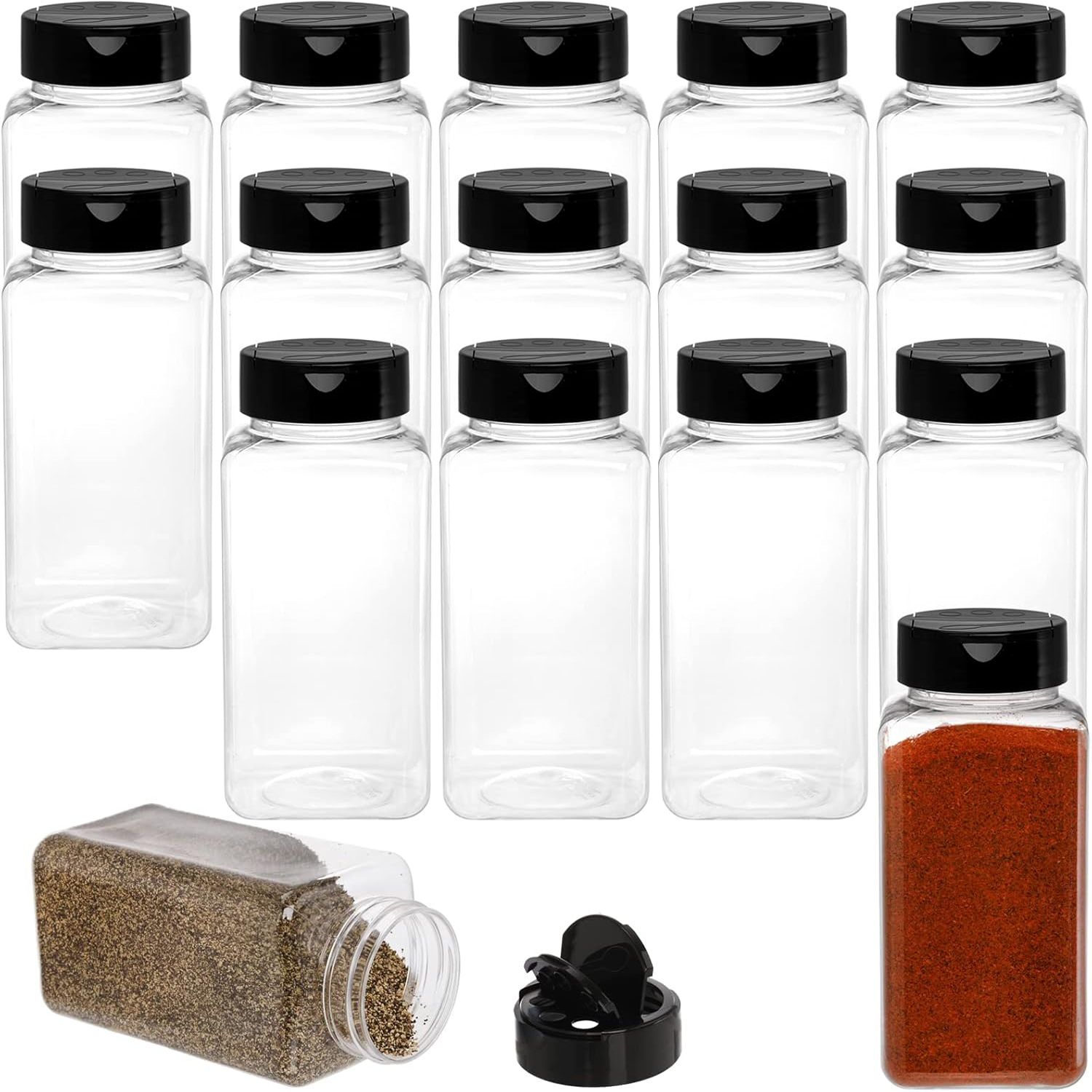 Food Storage Plastic Container - 四角い大型プラスチック製スパイスジャー、シェイカー付き蓋、透明な空の調味料容器、乾燥食品や調味料用