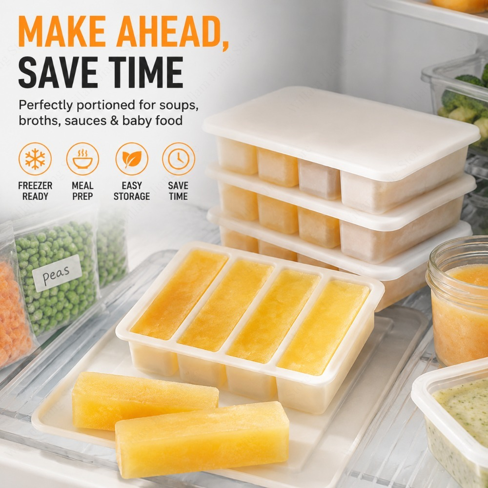 Food Storage Silicone - 耐久性のあるシリコン製冷凍トレイ（蓋付き）、積み重ね可能な食品保存容器、家庭用でスープ、だし、ソースの保存に最適