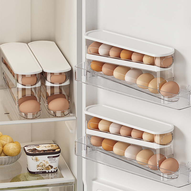Egg Storage Holder - 二層冷蔵庫卵収納ボックス自動回転卵ホルダーラックはしごスタイル冷蔵庫卵ディスペンサー卵オーガナイザーホルダー
