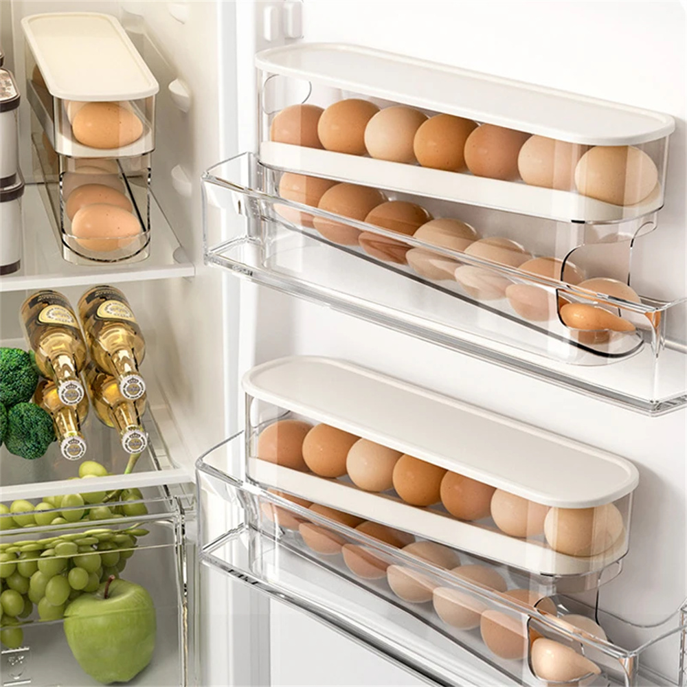 Egg Storage Holder - 1PC スライドタイプ卵カートンダブル自動卵ローラー冷蔵庫サイドドア卵収納キッチンカウンタートップ卵ホルダー ﻿