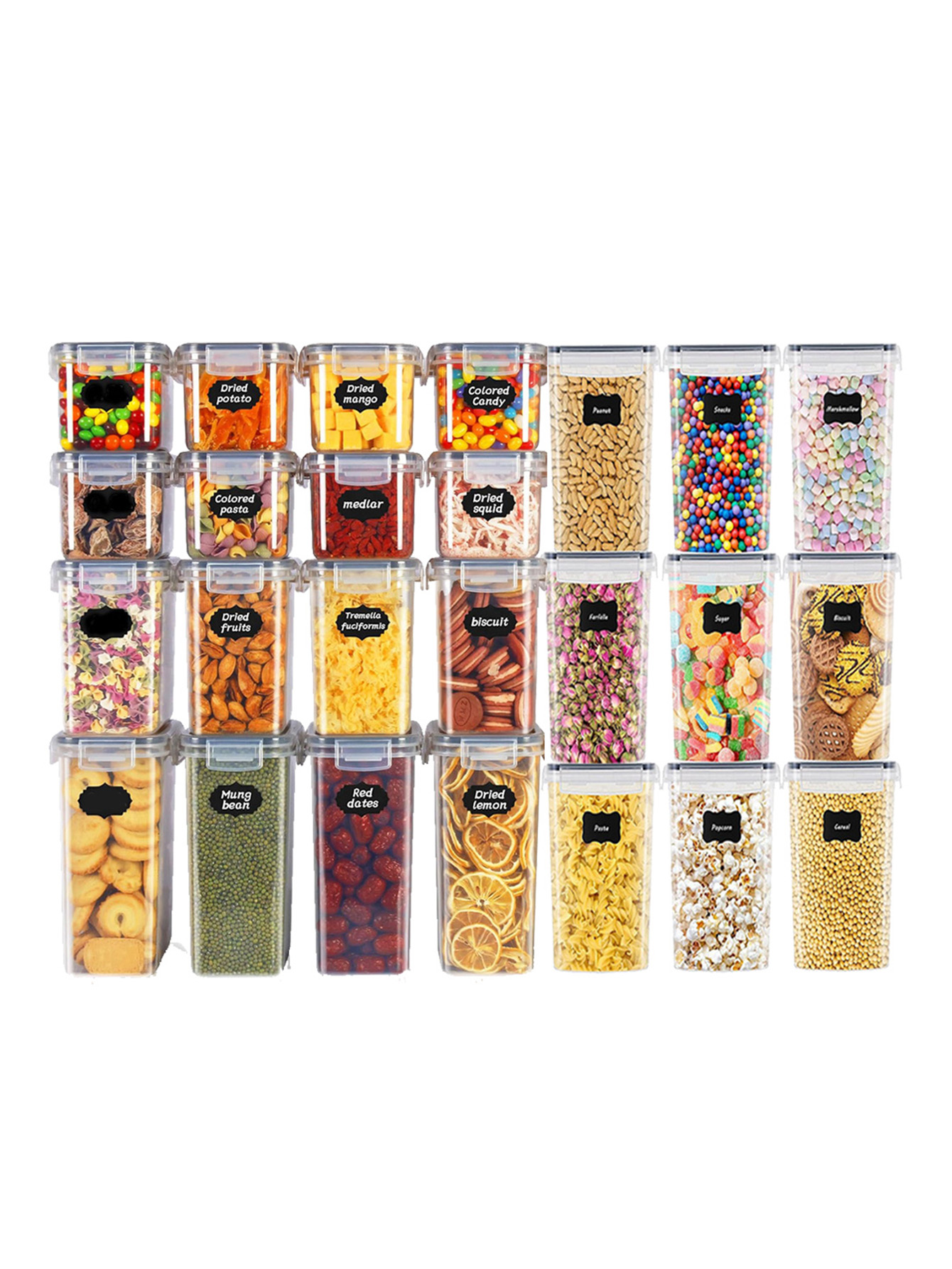 Food Storage Canister - 48個入り、蓋付き密封食品保存容器、プラスチック製キッチンパントリー、乳糖、穀物、小麦粉、砂糖用の乾物保存瓶、ラベル付き