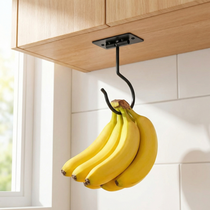 Food Storage In The Kitchen - ブラックメタル製粘着式バナナフック折りたたみ式収納ラック省スペースキッチンキャビネット食品オーガナイザー1～2個