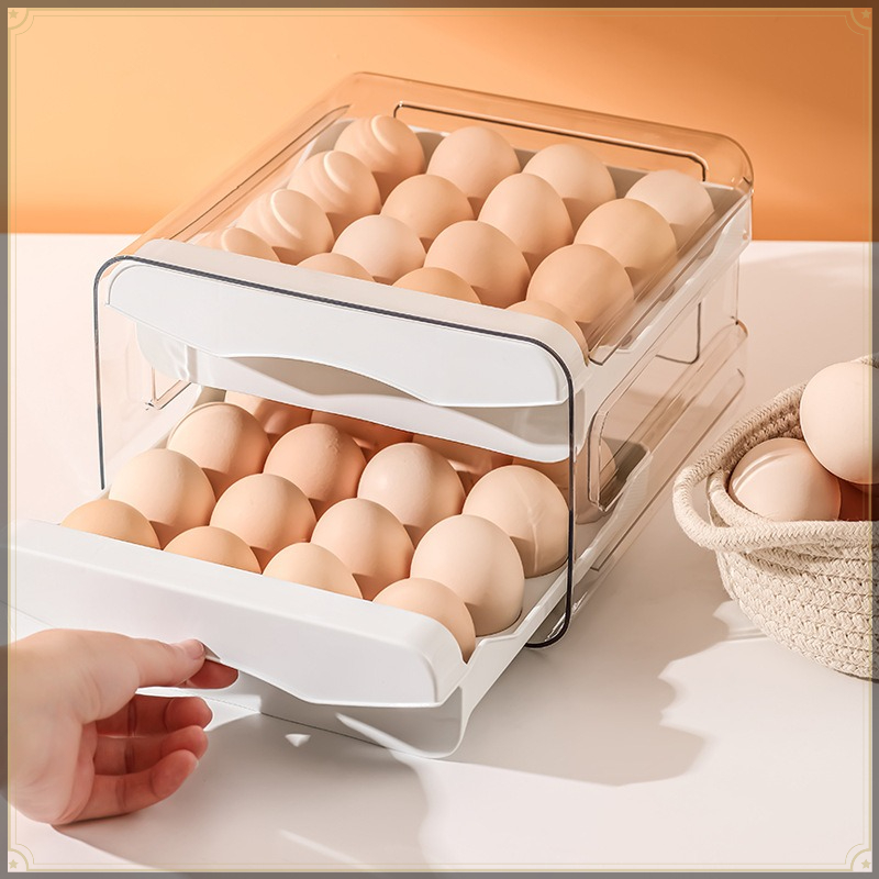 Egg Storage Holder - 食品グレードPP＆PET製 卵収納ホルダー 32グリッド 大容量 引き出し式 キッチン