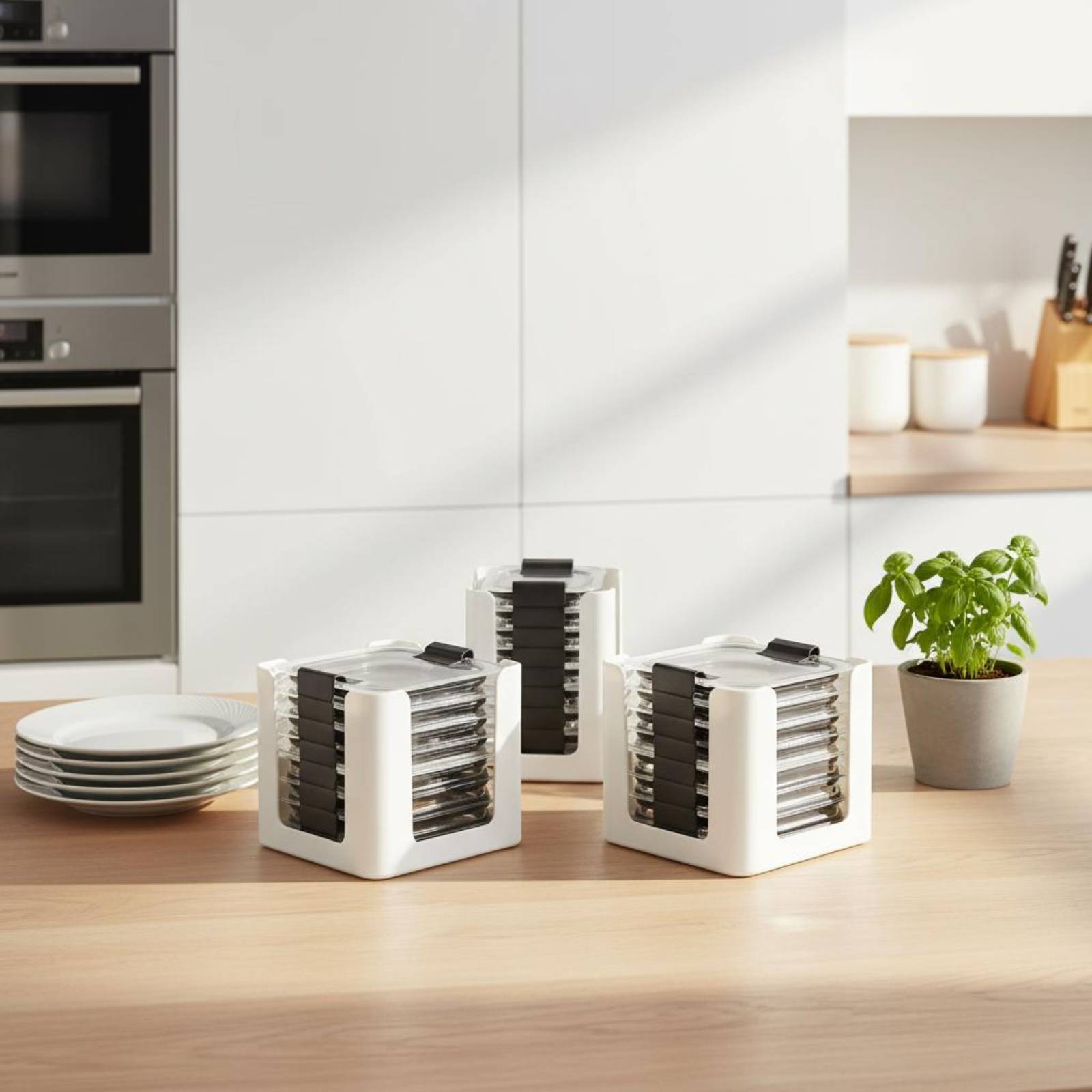 Food Storage Plastic Container - 3ピース蓋収納ラック長方形食品容器蓋オーガナイザー丸みを帯びた正方形の開口部BPAフリー キッチンキャビネット用