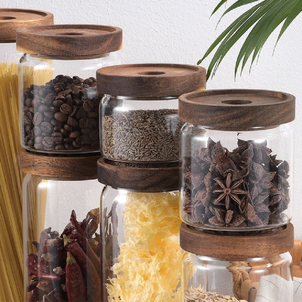 木製蓋付きガラス食品保存瓶透明コーヒー豆キッチン容器丸型厚み - Food Storage Glass Round のレビューと価格