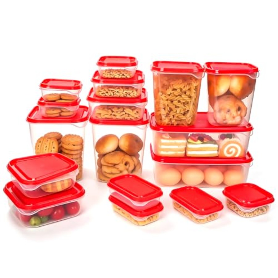 17個入りプラスチック食品保存容器セット、赤い通気蓋付きBP - Food Storage Prep Containers のレビューと価格