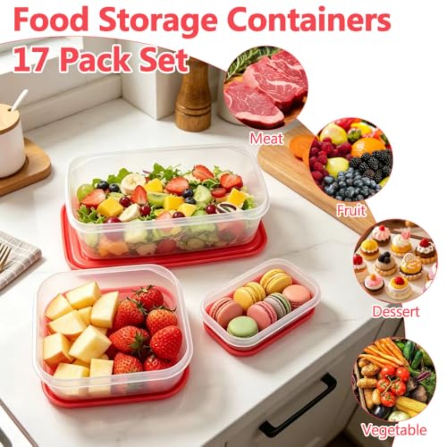 17個入りプラスチック食品保存容器セット、赤い通気蓋付きBP - Food Storage Prep Containers のレビューと価格