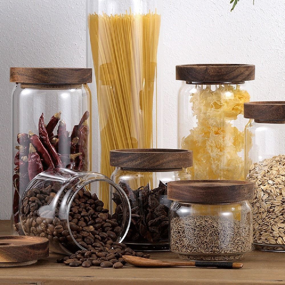 多用途木製蓋付きガラス食品保存瓶 コーヒー豆用透明密閉容器  - Food Storage Glass Round のレビューと価格