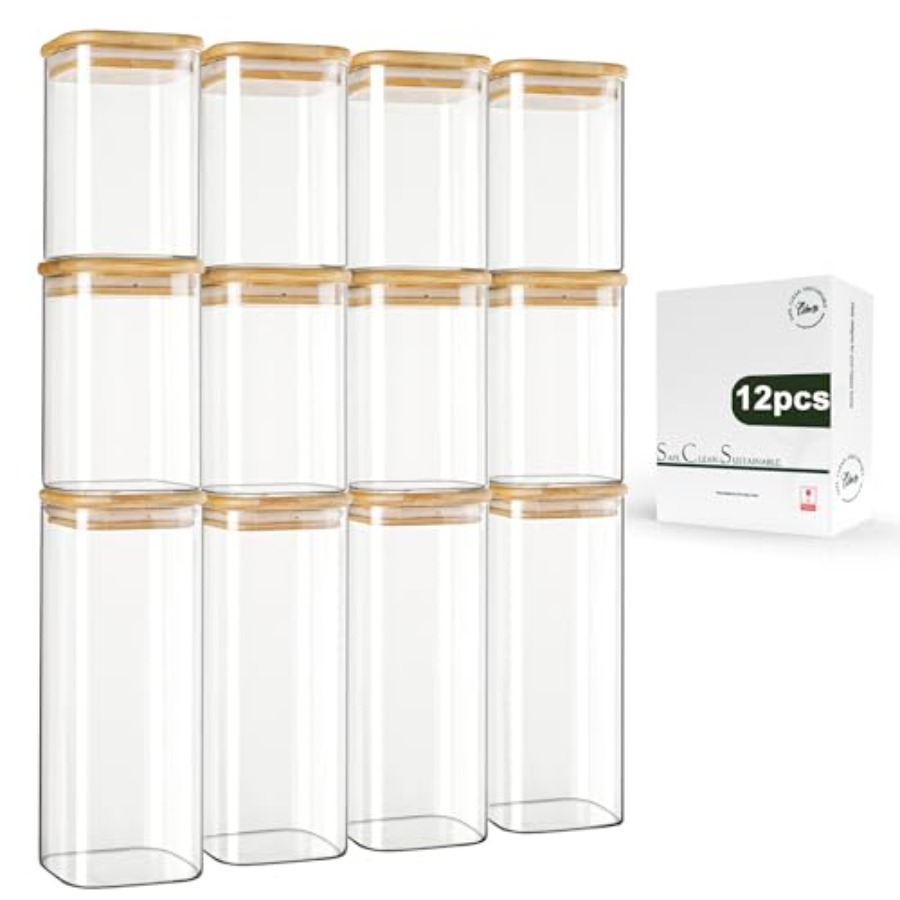 12個入り正方形ガラス保存瓶 竹製蓋付き 0.6クォート/1 - Food Storage Organization のレビューと価格