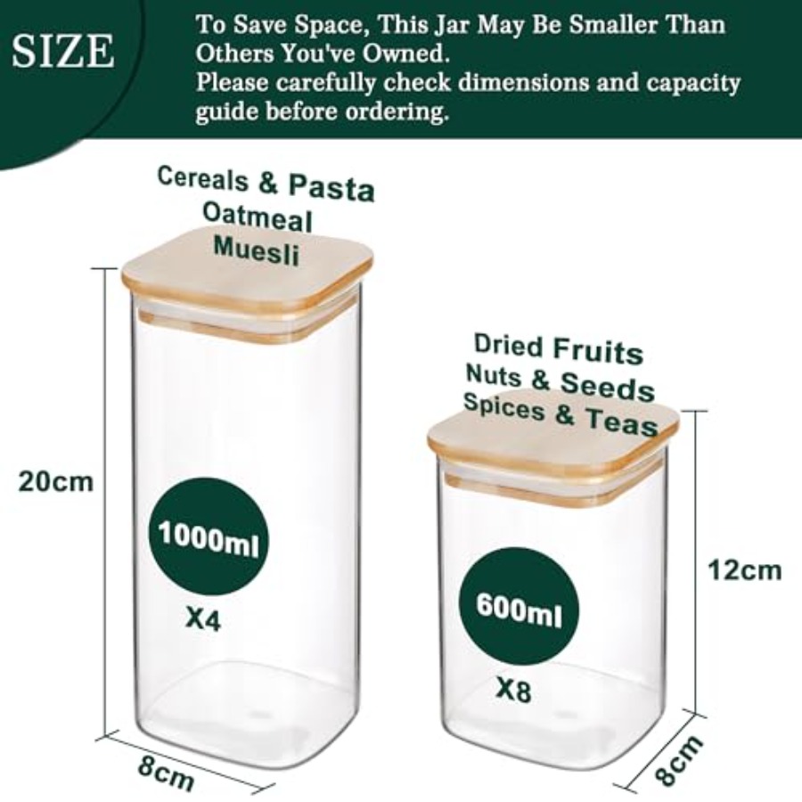 12個入り正方形ガラス保存瓶 竹製蓋付き 0.6クォート/1 - Food Storage Organization のレビューと価格