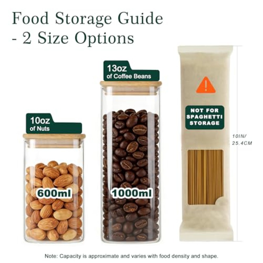 12個入り正方形ガラス保存瓶 竹製蓋付き 0.6クォート/1 - Food Storage Organization のレビューと価格
