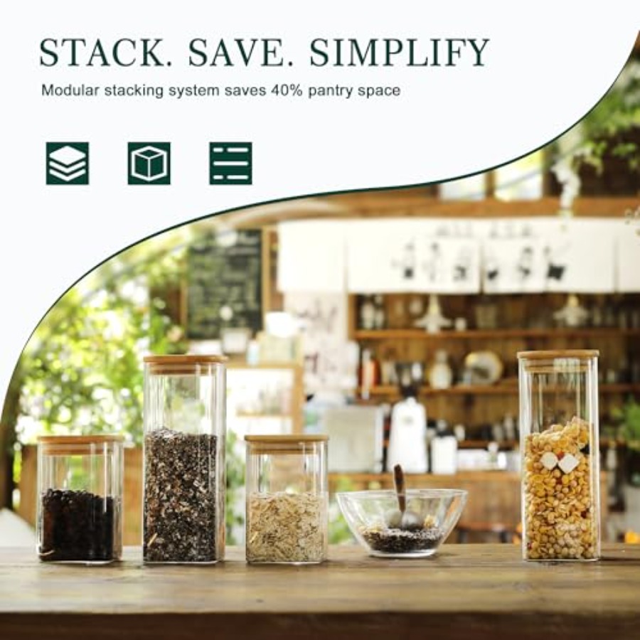 12個入り正方形ガラス保存瓶 竹製蓋付き 0.6クォート/1 - Food Storage Organization のレビューと価格