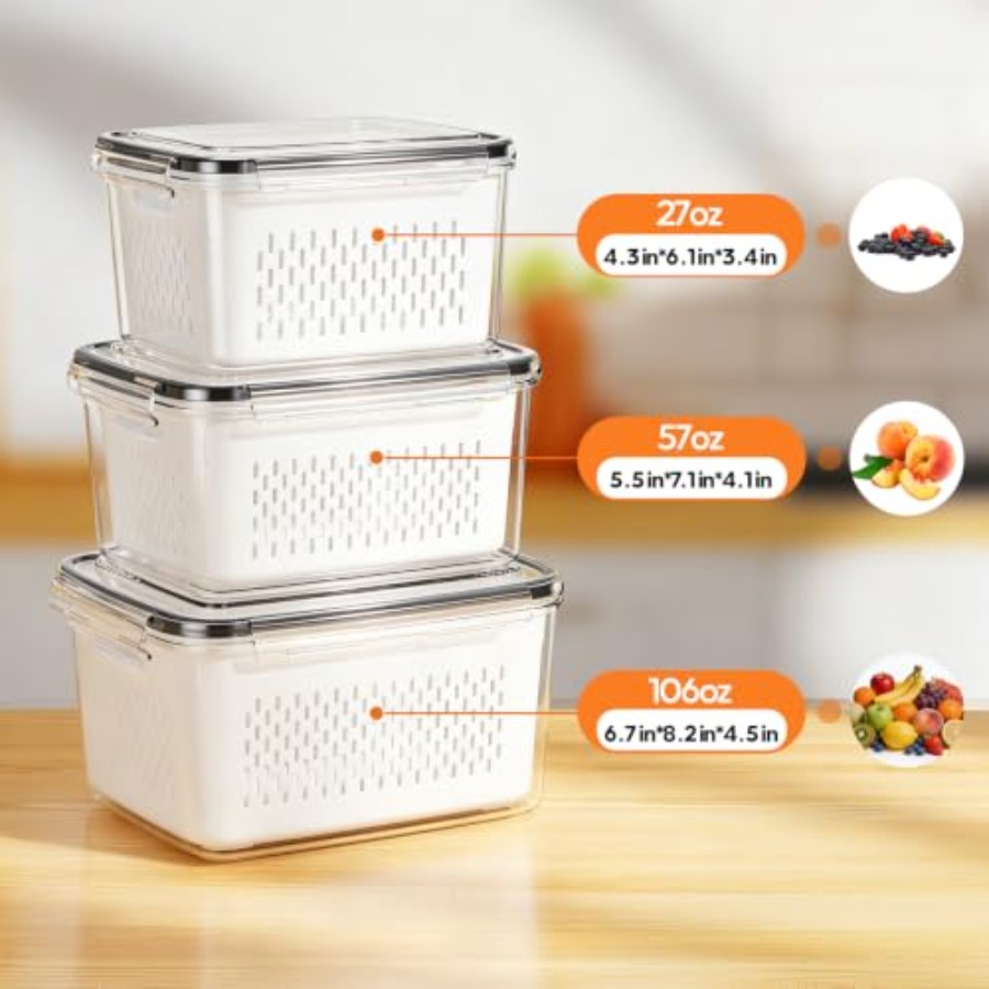 冷蔵庫用フルーツ保存容器 - 取り外し可能な水切り付き3パッ - Food Storage Organization のレビューと価格