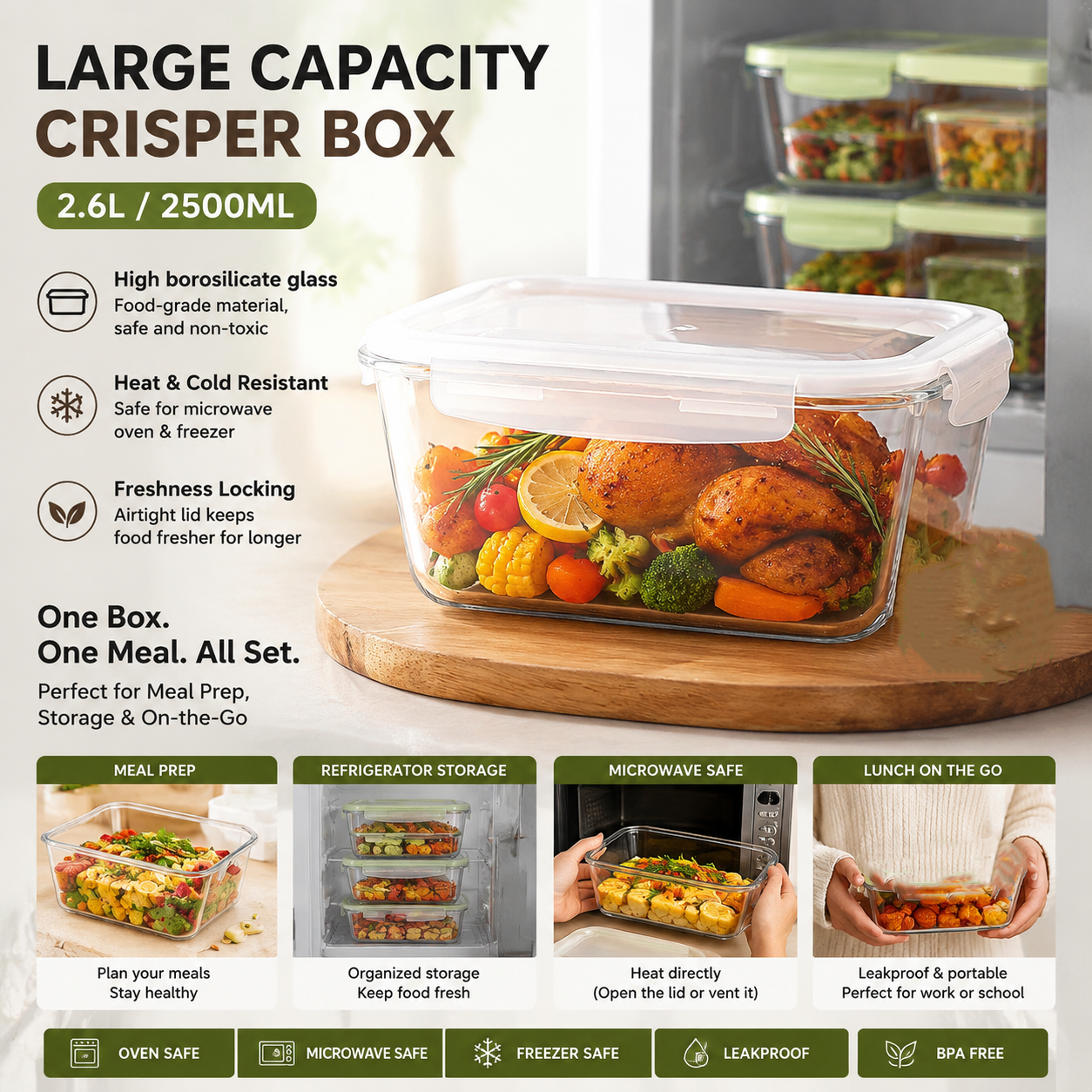 大容量ガラス製食品保存容器（蓋付き）、ホウケイ酸ガラス製ミー - Food Storage Prep Containers のレビューと価格