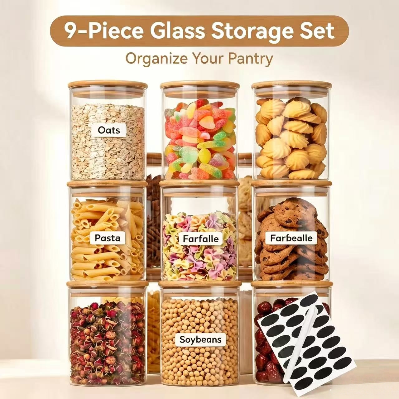 9個の透明ガラス保存容器、竹製の気密蓋付き、積み重ね可能な乾 - Food Storage Jar Glass のレビューと価格