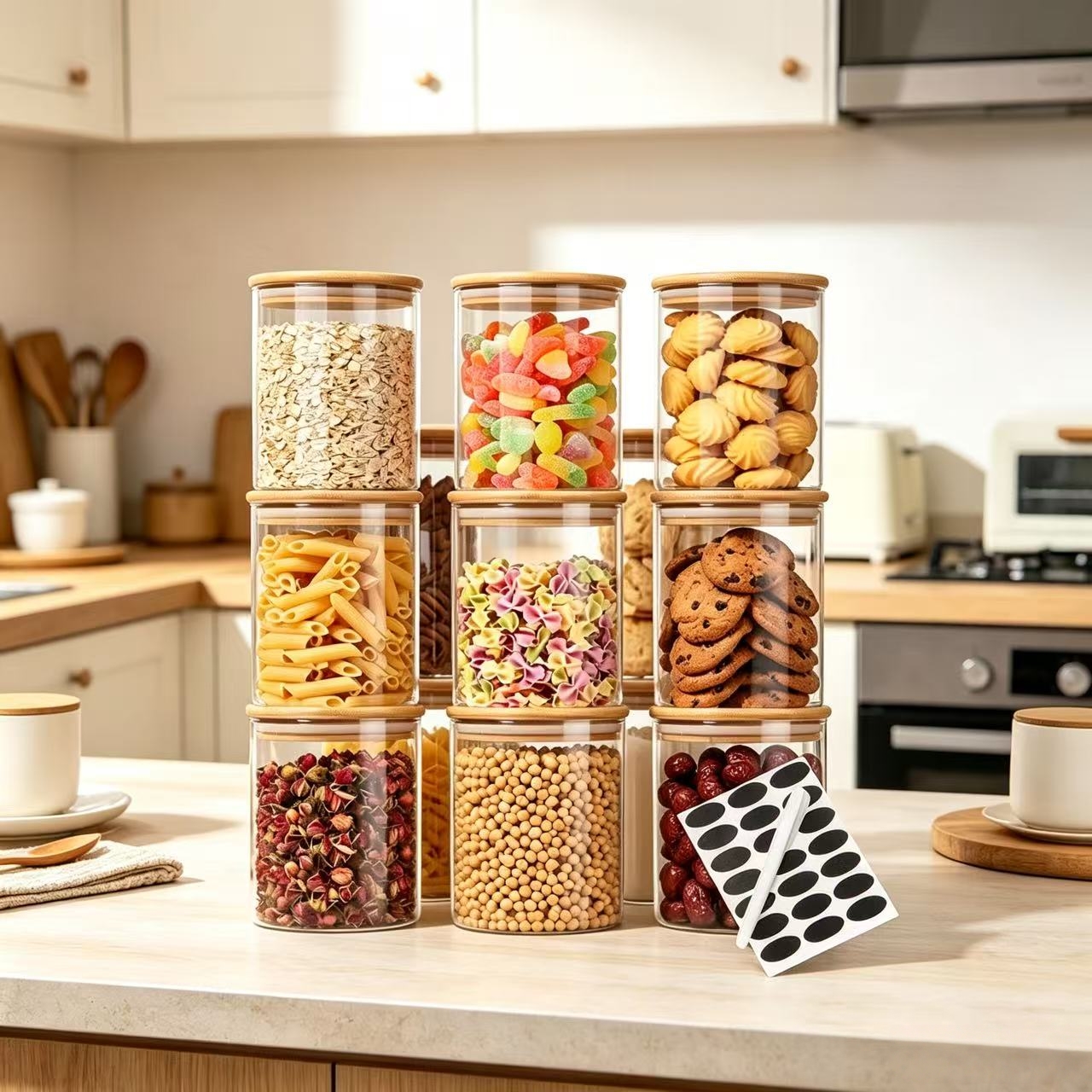9個の透明ガラス保存容器、竹製の気密蓋付き、積み重ね可能な乾 - Food Storage Jar Glass のレビューと価格