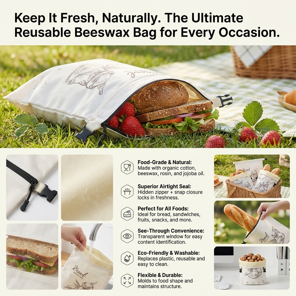 再利用可能な蜜蝋パン袋、ジッパーとスナップ開閉式、キッチン収 - Food Storage Zipper Bags のレビューと価格