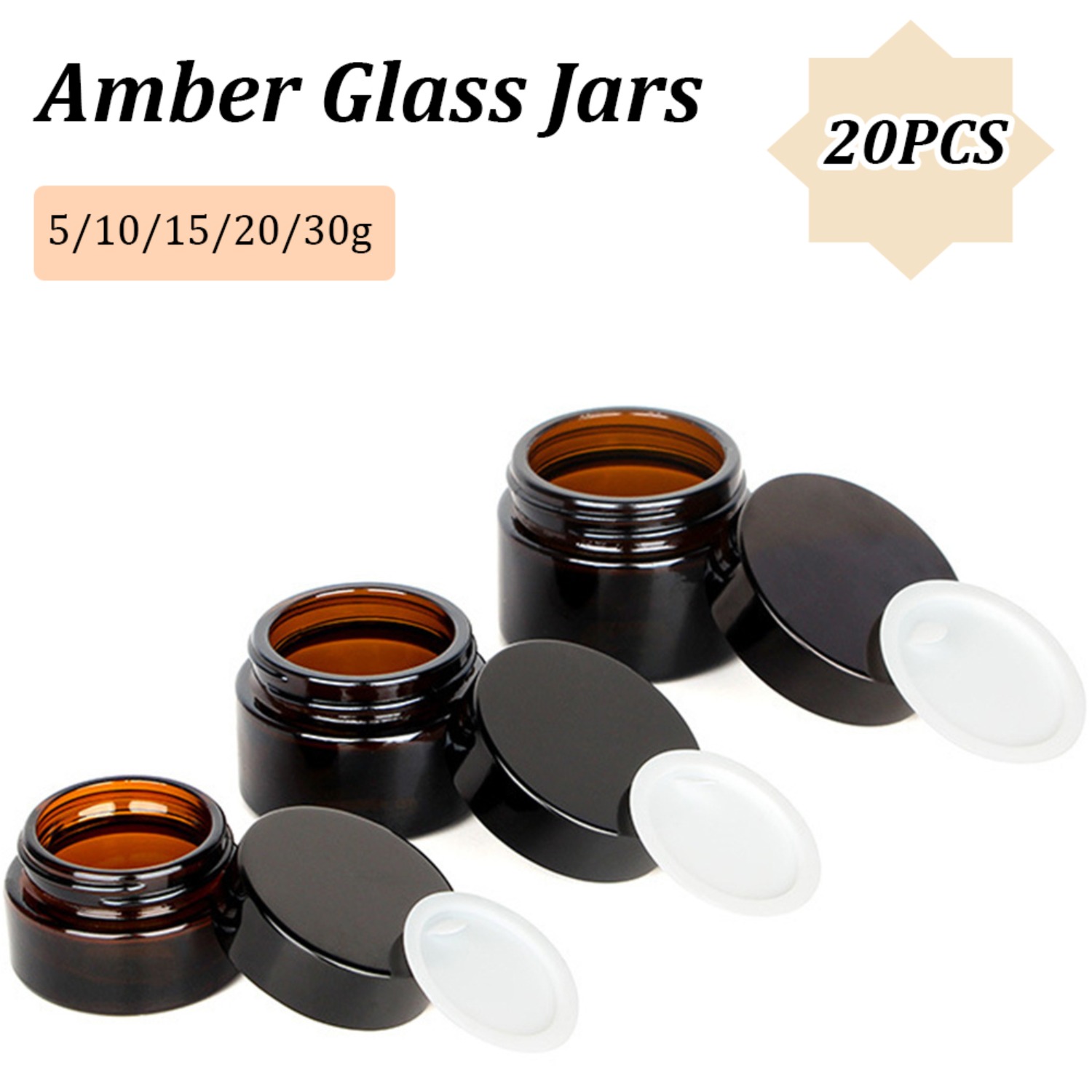 20 個の小さな琥珀色のガラス瓶、黒い蓋付き 5/10/15 - Food Storage Glass Round のレビューと価格