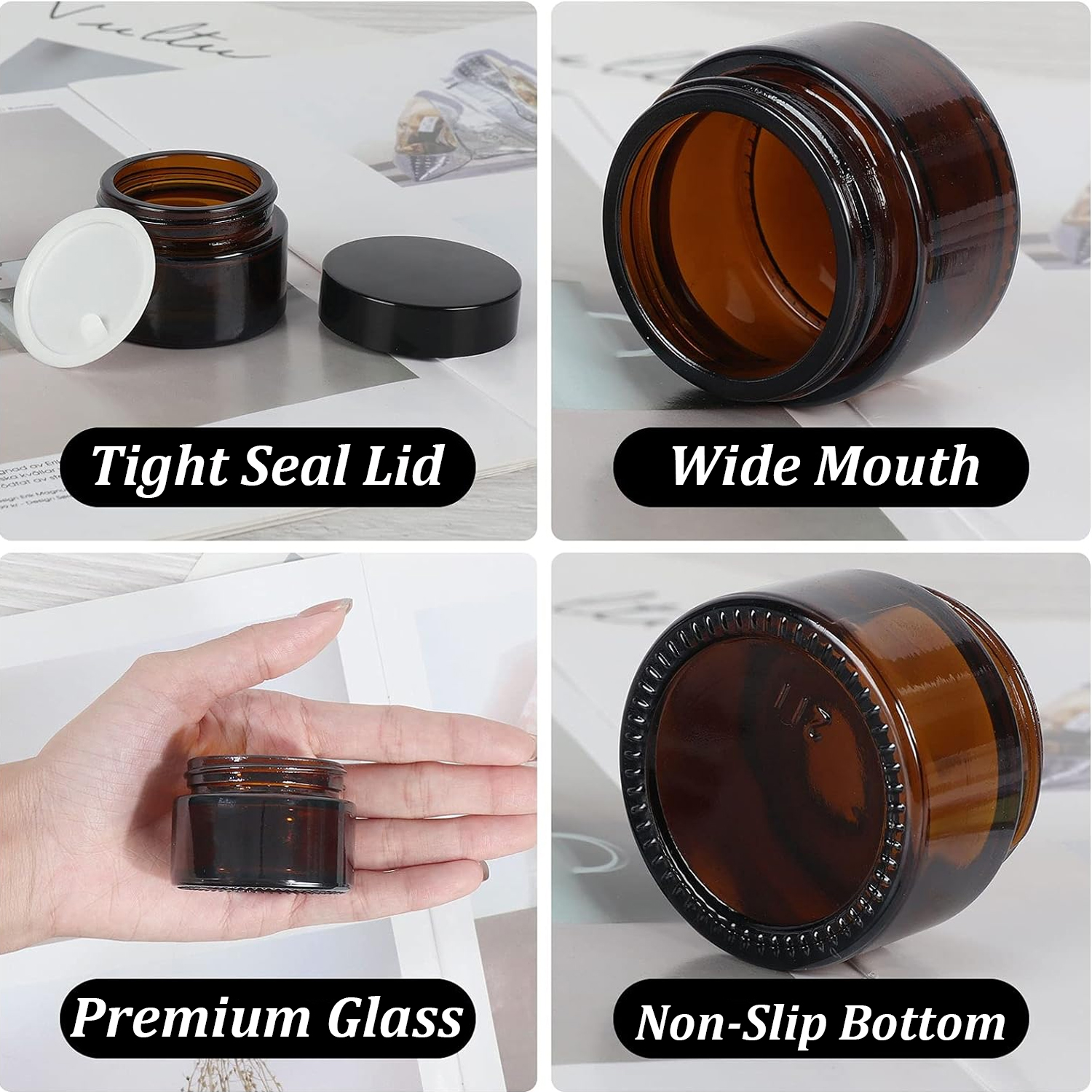 20 個の小さな琥珀色のガラス瓶、黒い蓋付き 5/10/15 - Food Storage Glass Round のレビューと価格