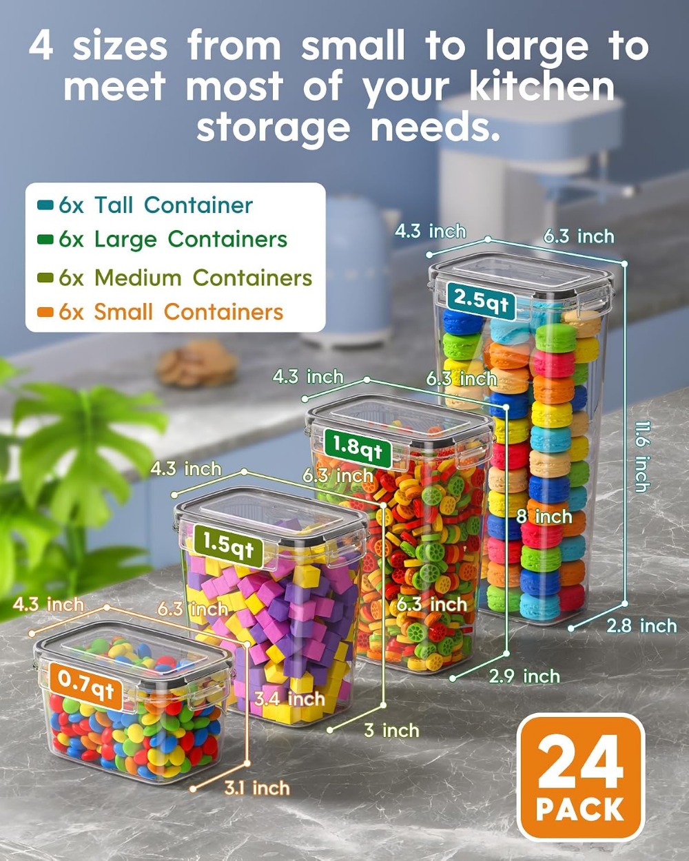 24個入り気密食品保存容器、蓋付き、BPAフリープラスチック - Food Storage Canister のレビューと価格